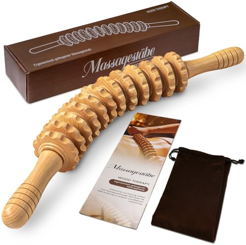 Toyvile Faszienstab Holz aus Buchenholz für Muskelentspannung, Körperformung, Gua Sha Massage, Faszienrolle Holz Massagegerät Mit Griff, Anti Cellulite, Massageroller Beine, mit Baumwolltasche