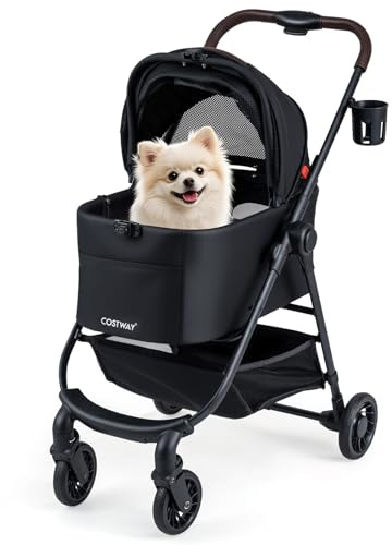 FANTASK 3 in 1 Hundewagen, Hundebox Tragetasche mit verstellbarem Netzdach, Korb & Getränkehalter, Hundebuggy bis 15 kg, Haustiere Transportbox Metall für Hunde Katzen Haustiere