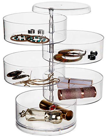 Comius Sharp Schmuckkästchen 5 Ebenen Schmuckaufbewahrung 360 Grad Drehbar Schmuckkasten mit Deckel, für Ringe Ohrringe Halskette Geburtstag Geschenk Mädchen Frauen -Runde Form (Transparent)