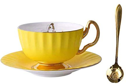 YBKTEX Bone China Cup and Saucer Set- Butterfly and Elegance (Yellow)