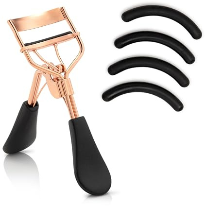 Eyelash Curler with 5 Refill Pads – Rose Gold Eye Lash Curler – No Pulling or Pinching – Ergonomic Lash Curler for All Eye Shapes