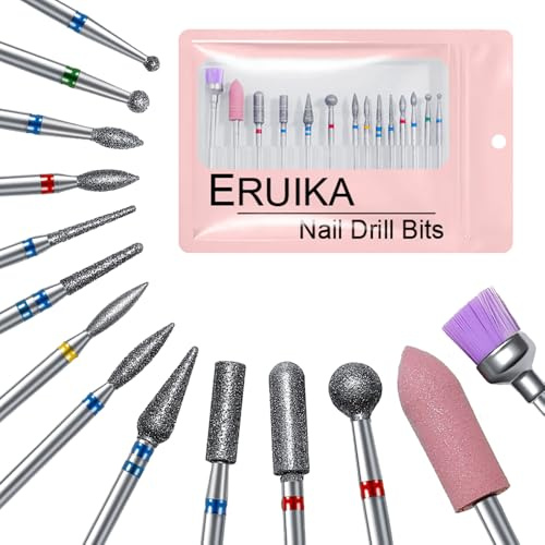 ERUIKA 14pcs Nail Drill Bits Set, Professional Rotary Burrs Diamond Cuticle Remover Bits Kit, 3/32 Electric Manicure Nail File Bit for Acrylic Gel Nails Cuticle Manicure