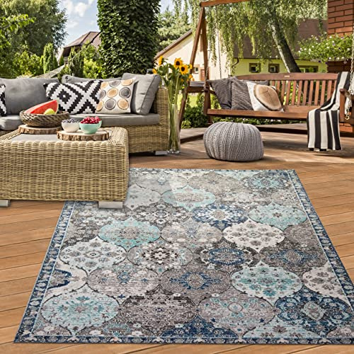 Teppich-Traum In- & Outdoor Orientteppich Ornamente Grau Blau 120x170 cm | Pflegeleicht, schmutzabweisend, farbecht und allergikergeeignet, für Terrasse, Balkon, Garten, Pavillon und Schlafzimmer