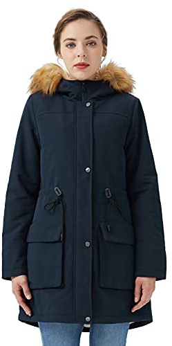 Orolay Chaqueta de Invierno de Lana de Cordero con Capucha y Cuello Alto de Longitud Media para Mujer Zafiro oscuro M