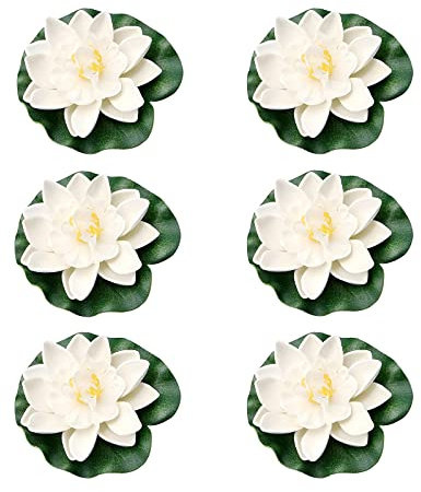 Mnixy Ninfee artificiali, percorso per decorazione giardino o stagno, fiori di loto, 10 cm (multiple) (5 tipi di colori) (6 pezzi di bianco)