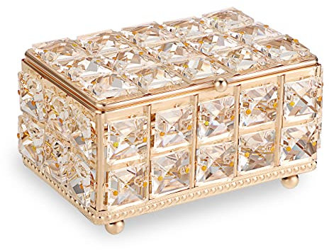 SUMNACON Boîte à bijoux en cristal, boîte de rangement rectangulaire dorée avec couvercle, boîte à bijoux décorative pour boucles d'oreilles, bagues, colliers