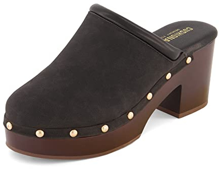 CUSHIONAIRE Guest Platform Clogs for Women, Heeled Faux Wood Mules with Studded Detailing and Memory Foam Footbed for All-Day Comfort, BLACK 8.5