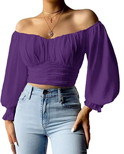 MIRACMODA Womens Elegant Off The Shoulder Puff Sleeve Blouse Summer Chiffon Slim Fit Party Crop Top, Dark Purple, XXL