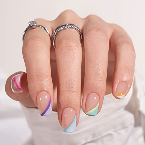 BTArtbox Press On Nails Short, 30 Pcs French Tip False Nails With Nail Glue and Adhesive Nail Tabs, Spring Summer Stick On Nails in 15 Sizes, Soft Gel Glue On Fake Nail for Women, Pastel Curves