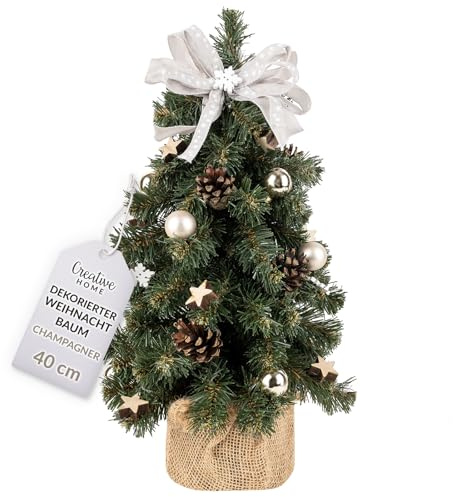 Creative Home Kleiner Weihnachtsbaum Champagner Geschmückt | Höhe 40 cm | Künstlicher Tannenbaum Mini im Jutesack | für Tisch Schreibtisch Büro | Innen & Außen | Weihnachtsdeko Geschenk