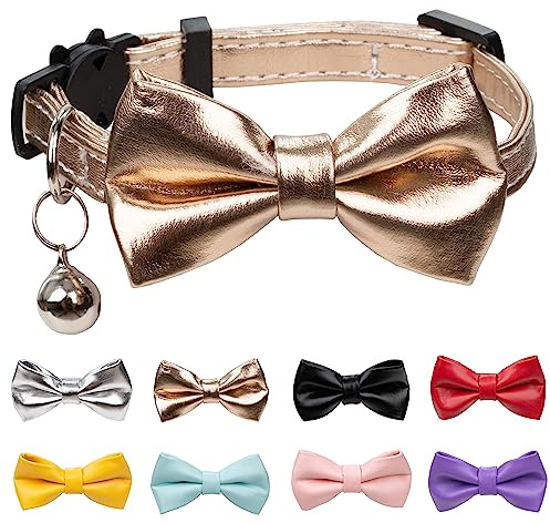 Gyapet Katzenhalsband mit abnehmbarer Schleife, Glocke, PU-Leder, weich, Party, Hochzeit, funkelnd, einfarbig, cooles Kätzchen, goldfarben