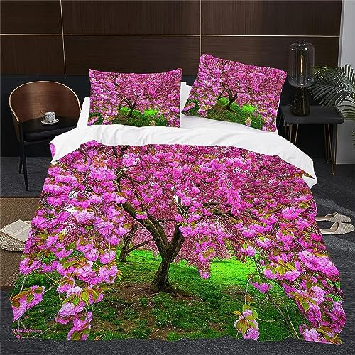 ENFETE Bettwäsche 155x200 Azalee Bettwäsche-Sets 3D Druck Bettbezug Rosa Blumen Weiche Mikrofaser 3 Teilig Bettbezüge mit Reißverschluss und 2 Kissenbezug 80x80cm
