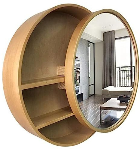GArcan Runder Spiegelschrank aus Holz mit Stauraum – wandmontierte Badezimmerschränke, Kosmetikspiegelschrank 2 in 1, Massivholz-Schiebeschlafzimmer, runde Wandregale/Badezimmermöbel