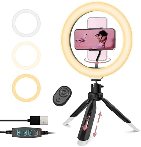 RealPlus 10 Luce ad Anello per Cellulare con Controllore Bluetooth, Luce per Selfie a Clip, Lampada da Tavolo, Ring Light Utilizzabile per Telefono, TikTok, YouTube, Video, Foto, Regalo Donna