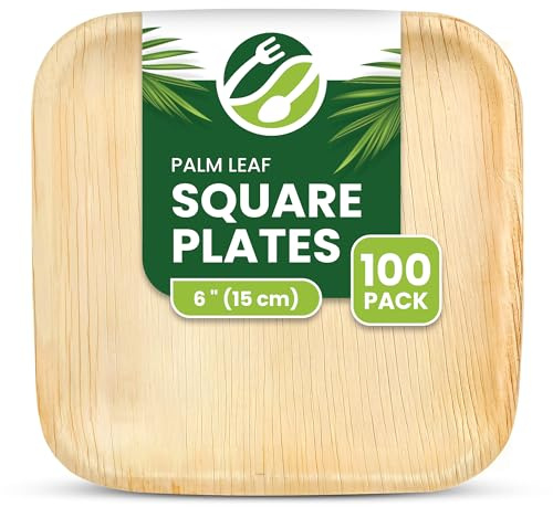 ECO Leaf 100 Disposable Square Palm Leaf Plates, 6 (15cm) – Eco-Friendly, Biodegradable, Compostable, Heavy-Duty Bamboo Plates for Desserts, Hot Food, Weddings, Picnics, BBQs, Oven Safe
