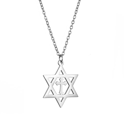 unift Stella di Davide Collana da Donna in Acciaio Inossidabile Ciondolo Classico Ebraico a Esagono con Croce Collane Isael Gioielli Amuleto Religioso (Argento)