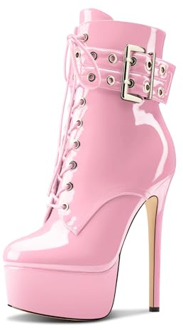 Aachcol Womens Stiletto High Heel Platform Ankle Boots Round Toe Lace-up Zipper Mid Calf Buckle Patent Leather Dress Booties Pink 8.5 M US