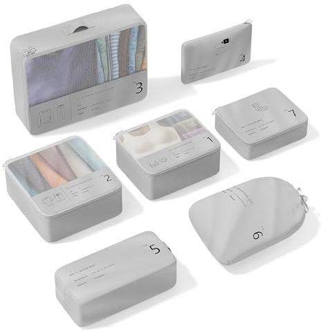 Yomisee koffertorganisatör set, 7 delar, packkuber, reseklädväskor, grå, polyester, dragkedja, andningsbart nät, robust, 20 cm x 10 cm x 4 cm