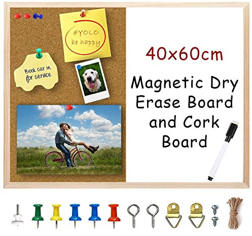 Pizarra blanca magnética combinada de corcho de borrado en seco, pizarra de anuncios de borrado en seco, tablero de notas para paredes, hogar, oficina, dormitorio, portería, trabajo remoto, 40 x 60