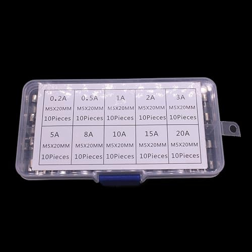 Saddgo 100 Stück Glassicherungen Set 5x20mm Langsam Glassicherungen Feinsicherungen Glassicherungen 0,2A-20A für elektrische Geräte