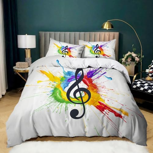 Bettwäsche 135x200cm Bunte Graffiti-Musiknoten Bettwäsche 3 teilig Flauschige Weich Mikrofaser Bettbezug Jugendliche Mädchen Jungen mit 80x80 cm Kissenbezug