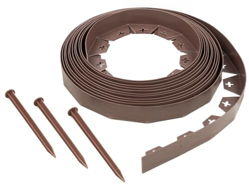 KCT Brown 10 Metre Flexible Plastic Lawn Edging Garden Grass Border with 40 Ground Secuing Pegs - 3.7cm High Pathway Edge