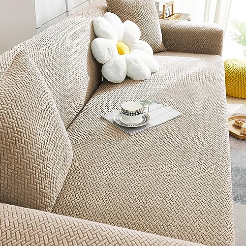 Stretch Sofa Slipcover, Universal Couch Cover Non Slip Soft Sofa Cover with Elastic Bottom, Dog Cat Pets Friendly Washable Furniture Protector for 3 Cushion Couch (L(3 Seater 190-230cm), Camel)