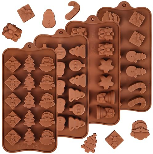 4 Stück Weihnachts Schokoladenform, Silikonform Weihnachten, Weihnachtsbaum, Weihnachtsmann, Schneemann und Glocke Schokolade Form für DIY Kuchen Schokolade Gelee Süßigkeiten Pudding