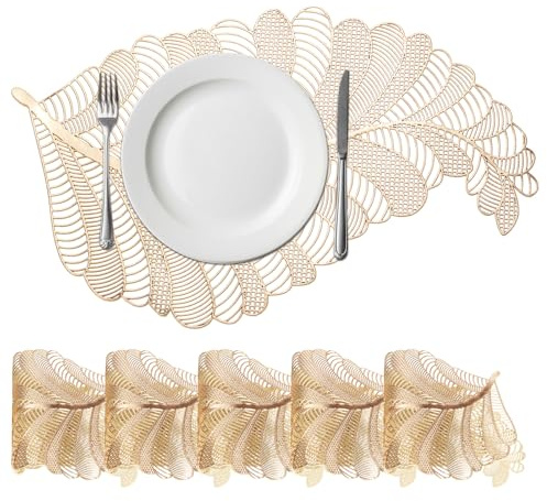 sourcing map Gold Leaf Shaped Placemats Set of 6 for Dinner Tables, Metallic Polyvinyl Pressed Placemats Washable Table Mats for Dinner Table Decor (30 x 45cm/11.8 x 17.7inch)