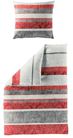 JACK by Bierbaum Biber Bettwäsche 2 TLG. 135x200cm Paisley Ornamente Streifen Grau Silber Rot Blau, Farbe:Rot