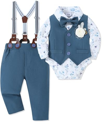 SOLOYEE Baby Boys Caballero Conjunto, Ropa de Bautizo para Niño Manga Larga pelele + Pantalón + Chaleco + Pajarita + Ramillete Trajes para Bebé Niños de Boda (Azul, 6-12 Meses)