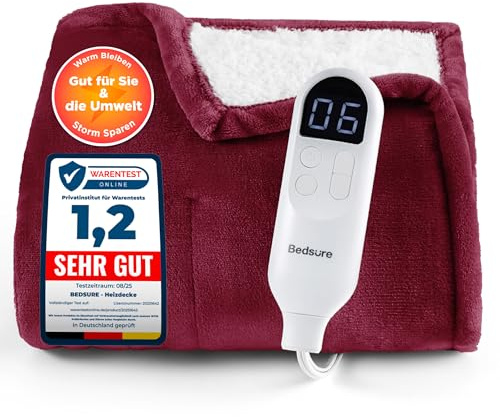 BEDSURE Heizdecke Wärmedecke Elektrische Kuscheldecke - 130x180cm, Rot | mit Abschaltautomatik, 6 Heizstufen & 10 Stunden Timer, bis zu 8 Stunden Überhitzungsschutz für Home & Office