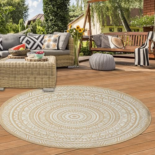 Teppich-Traum Outdoor Teppich Rund Ethnomuster Beige Weiß Ø 120 cm | Pflegeleicht, wetterfest, UV-beständig, strapazierfähig und langlebig, für Balkon, Terrasse, Garten, Wintergarten & Veranda