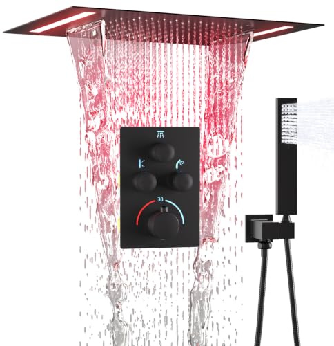 Rain Shower System, 2 in 1 Functions Rainfall Waterfall 14x20 Inch Ceiling Mount LED Shower Head with Square Handheld, Push Button Thermostatic Shower Valve Can All Run Together, Matte Black
