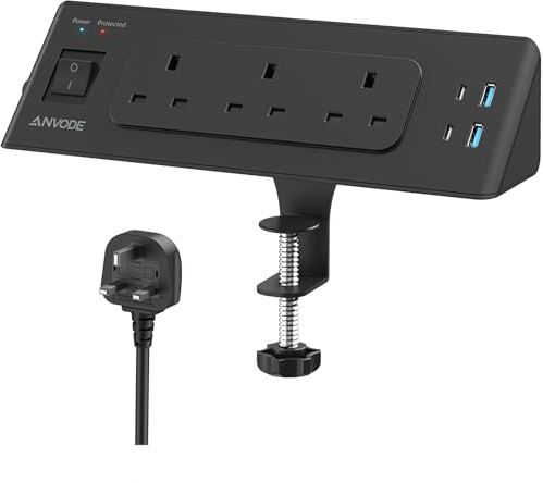 Desk Power Socket, Extension Lead with USB C Slots, Power Strip, Black | ANVODE 3 Way Plug Extension Socket 2M with Switch, 4 USB, Surge Protecion, Multi Plug Extender for Home Office