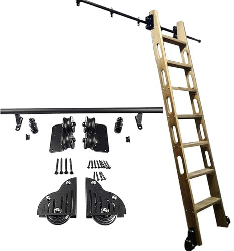 Schiebeleiter-Kit, Home-Office-Rollbibliothek-Hardware-Kit, schwarzes Schienen-Kit für Bücherregale, Zubehör für Mobile Schienen aus Stahlrundrohr, Gleitrolle (Nein) (6,6 Fuß/200 cm Schienen