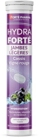 Forté Pharma - Hydra Forté Jambes Légères - Electrolytes, Vigne rouge, Mineraux, Magnesium, Cassis - Hydratation, Jambes lourdes, Circulation - 24 comprimés effervescents cassis, 1 à 2/jour