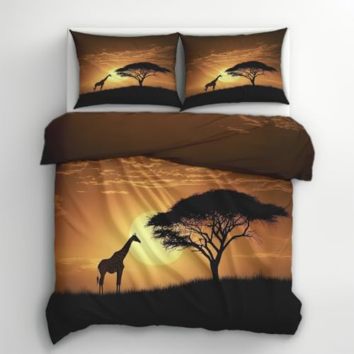 Generisch Bettwäsche 140x200 Giraffe Design, 2teilig - Afrika Sonnenuntergang Bettbezug und 1 Kissenbezug 70x90, Wendebettwäsche, Schlafzimmer Deko, Mikrofaser, mit Reißverschluss U&J-V67