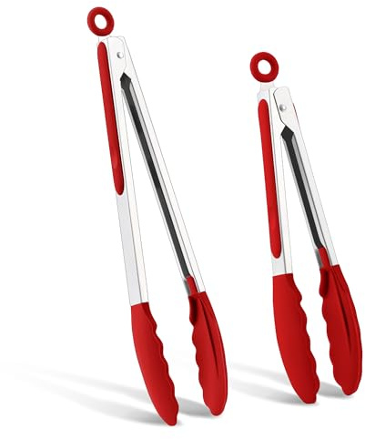 Joyfair 2 Stück Edelstahl Rot Grillzange Küchenzange Set, 34cm & 26cm | Rutschfesten Silikonspitzen und Griff, Hitzebeständige Fleischzange für Grill, Kochen, Backen, Spülmaschinenfest