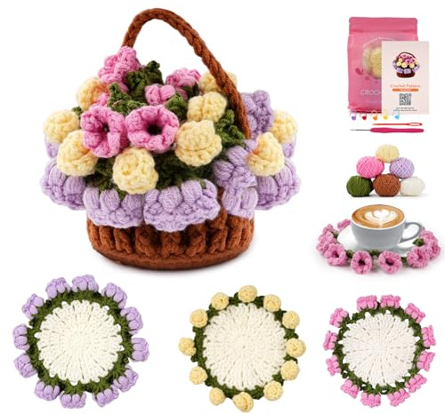 LetCart Komplettes Häkelset für Anfänger, Häkelset für Anfänger, 4 Untersetzer, Häkel-Starter-Set, Blumenkorb mit Video-Tutorials