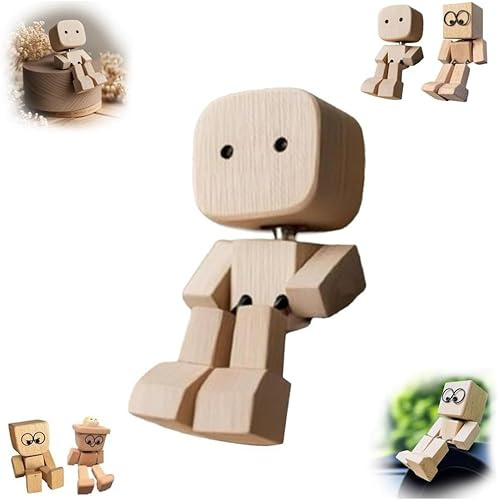 Wackelnder Holzmann,Wackelfigur Auto,Schüttelnde Holzmann-Figur,Charmante kleine Holzfigur,Ausdrücke schwankt,handgefertigte Actionfigur Auto-Ornament,lustige Wackelkopf Armaturenbrett-Dekors (C)