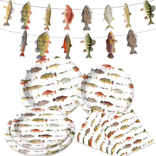 JeVenis Fishing Party Supplies Set Fishing Tableware Plates Napkin for Fishing Birthday Farewell Retirement Party Decorations Service 10