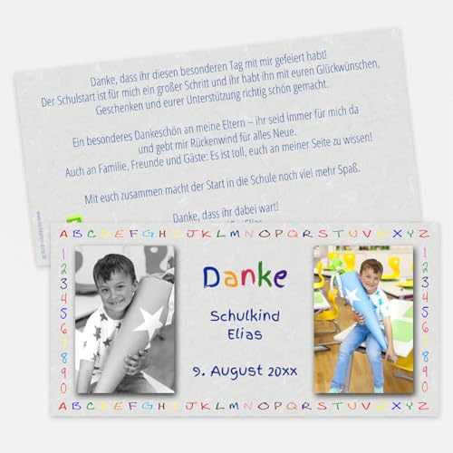 Personalisierte Dankeskarte Schulanfang, individuelle Danksagung Einschulung, 10 - 100 Stück, DIN lang, 10x20 cm, sehr dickes Papier, Schulanfangskarte mit eigenem Foto und Text, Motiv Alphabet