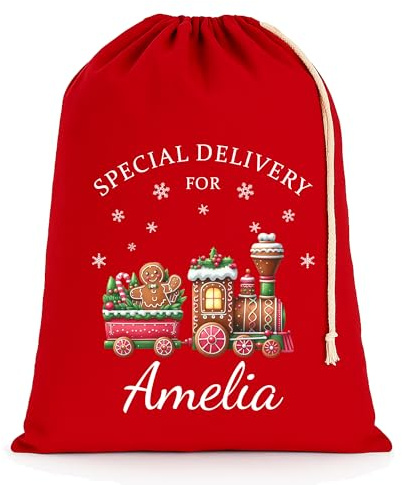 Chicken Craft Personalised Christmas Santa Sack with Custom Name - Extra Large - Red - 75x49cm - Gingerbread Train