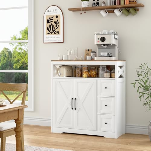 BestAlice Köksskåp, skänk med 3 lådor och 2 dörrar, förvaringsskåp, bufféskåp med dörrar, lantlig stil, köksbuffé köksö för vardagsrum, kök, hall (vit, 100 x 40 x 105 cm)