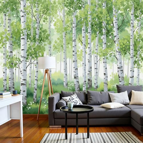 Carta da Parati Fotografica Murale 300x210cm Scenario naturale Del Foresta di betulle ad acquerello Carta da Parati Effetto 3d Decorazione Murale Poster da Parete per Camera da Letto per Ragazzi,