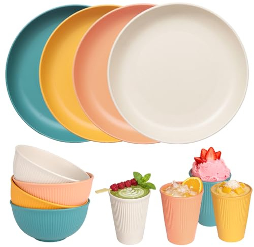 12Pcs Plastic Plates and Bowls Sets - Unbreakable Camping Dinner Set of 4,Colorful Reusable Camping Dinner Set,Lightweight Plate and Cutlery Set