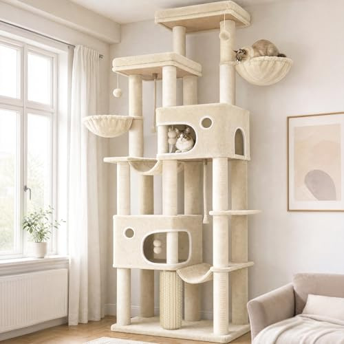 Hzuaneri Kratzbaum, 213 cm XXL Katzenbaum, 2 Extra Große Plattformen, 2 Große Höhlen, 10 Kratzstämme, 2 Hängematten, Korb, Katzenbürsten, Pompons, Geeignet für Maine Coon Katzen, Beige MS21418YL