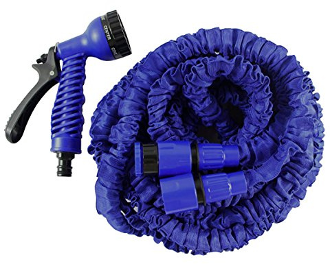 HELO Gartenschlauch 'Flexi' 22,5 m ausgedehnt (7,5 m gefaltet), Farbe: Blau - Flexibler Garten Flexischlauch Wasserschlauch mit verstärktem Gewebe inkl. 7 Funktionen Spritzpistole