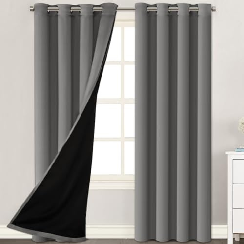 H.VERSAILTEX Living Room Completely Shaded Draperies, Privacy Protection & Noise Reducing Ring Top Drapes, Black Lined Insulated Window Treatment Curtain Panels (2 Pieces, W52 x L84, Grey)